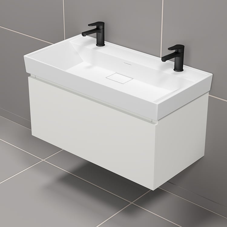 Nameeks SHARP32 40 Inch Double Bathroom Vanity, Modern, Wall Mounted, Glossy White